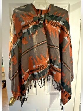 Southwestern Pattern Fringe Throw Poncho - Brown and Orange One Size
